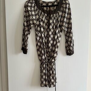 A Common Thread Cream and Brown 3/4 Sleeve Tie Front Tunic